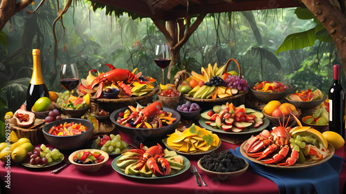 Tropical Gastronomic Symphony: Captivating Fruit Platter, Lobster Delicacies, and Caviar Amidst a Wine-filled Rainforest Canopy