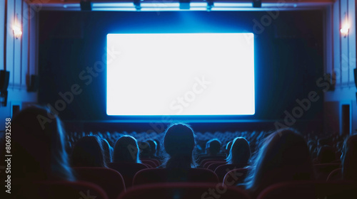 Audience watching a brightly lit screen in a dark movie theater with red seats.