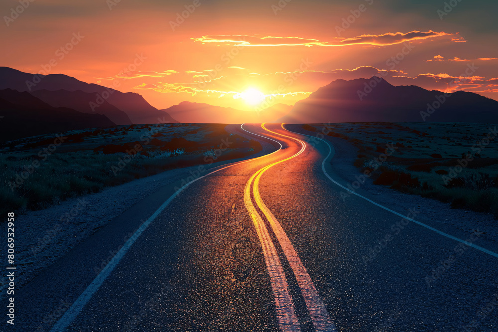 Winding road through a desert landscape illuminated by a brilliant sunset