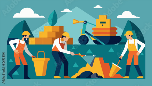 Builders and archaeologists work side by side with modern machinery and ancient artifacts being unearthed at the same time.. Vector illustration