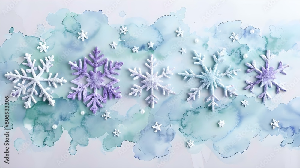 Snowflakes in Lavender Mint: A Unique Representation of Winter's Individuality and Beauty. Concept Winter photography, Lavender mint theme, Snowflake portraits, Seasonal creativity, Individual beauty
