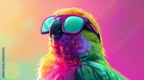 A brightly colored bird wearing high-tech glasses.