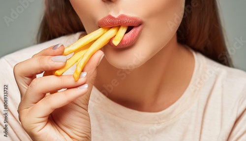 Frau isst pommes frites. photo