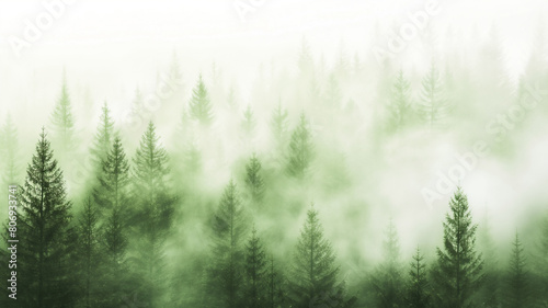 Mystical forest shrouded in thick fog, with layers of evergreen trees fading into a soft, ethereal green haze, evoking a tranquil and mysterious atmosphere.