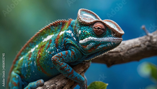 Behold the mesmerizing contrast of a vibrant chameleon against a backdrop of tranquil blue, a testament to the beauty and diversity of the natural world.