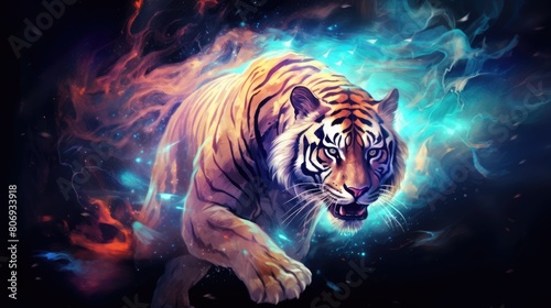 Astral tiger spirit watercolor illustration - Generative AI. White, tiger, blue, eyes.