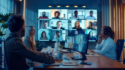 Modern office setting with employees engaged in a hybrid video conference meeting with remote participants displayed on multiple screens. photo