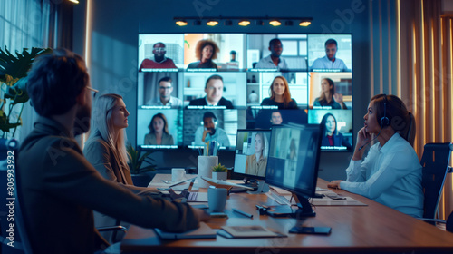 Wallpaper Mural Modern office setting with employees engaged in a hybrid video conference meeting with remote participants displayed on multiple screens. Torontodigital.ca