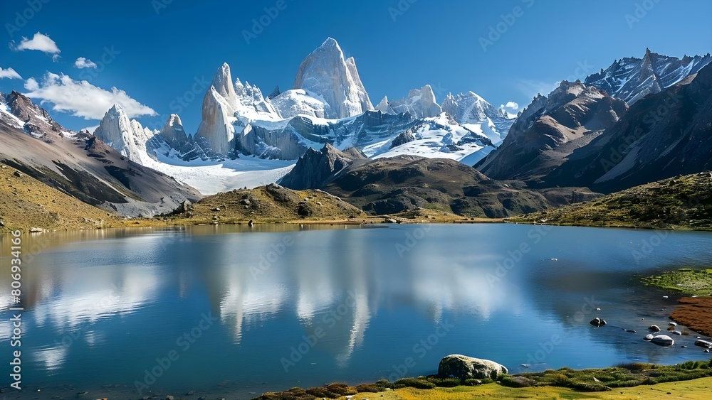 Obraz premium Serene Lake View: Majestic Mountain Landscape with Snowcapped Peaks and Blue Sky. Concept Lake Views, Mountain Landscapes, Snowcapped Peaks, Blue Skies