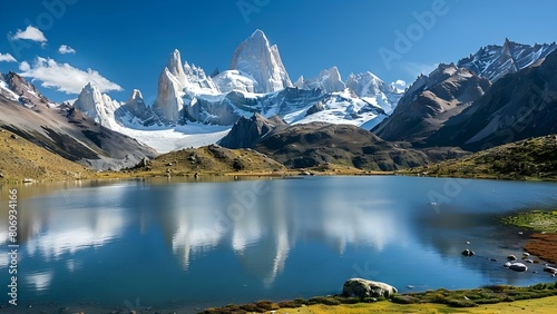 Serene Lake View  Majestic Mountain Landscape with Snowcapped Peaks and Blue Sky. Concept Lake Views  Mountain Landscapes  Snowcapped Peaks  Blue Skies