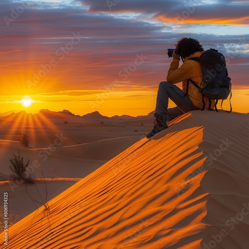 Photographer Capturing Expansive Desert Panorama at Sunset with Ethereal Dreamlike Aesthetics photo