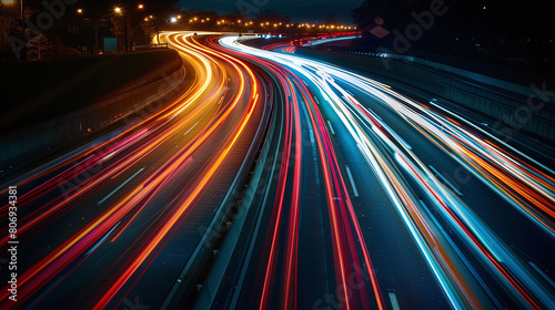 Abstract image of light trails created by a long exposure photograph of traffic at night, capturing the energy and movement of urban life in a dynamic cityscape