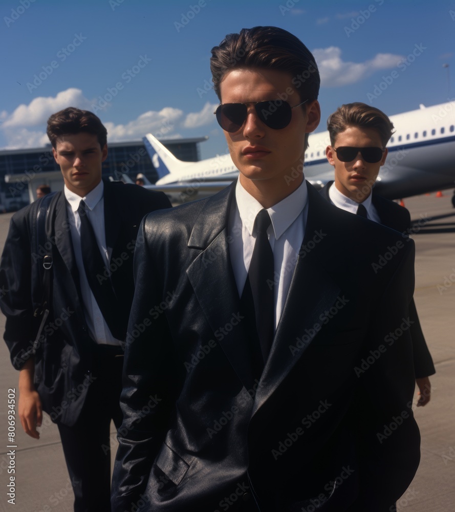 Elite Businessmen In Stylish Suits Embark On A Corporate Journey. Confidence And Professionalism At The Forefront With A Private Airplane Background. Elite Businessmen In Stylish Suits Embark On A Corporate Journey. Confidence And Professionalism At The Forefront With A Private Airplane Background.