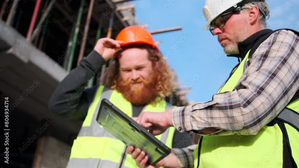 Team of construction worker and civil engineer discussion to checking blueprints building with tablet at construction site. Team of construction worker and civil engineer discussion to checking blueprints building with tablet at construction site.