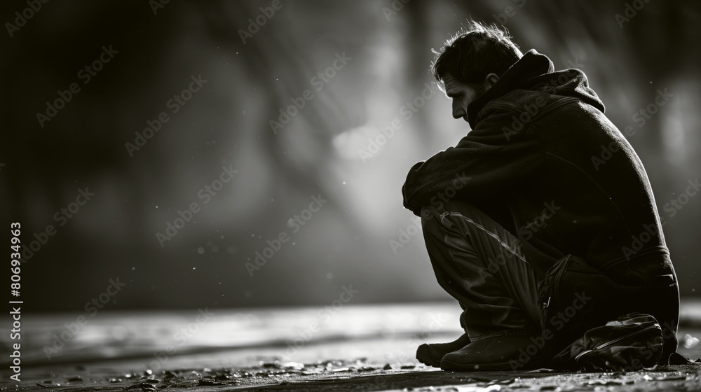 Monochrome image of a solitary man sitting on the ground, hugging his ...