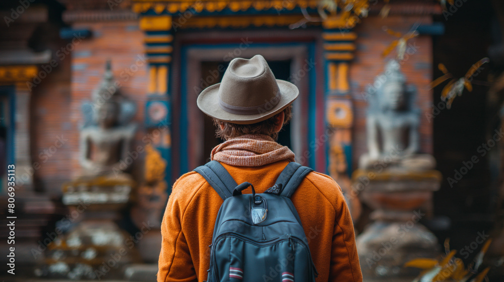 Obraz premium Adventurous Man in Orange Jacket Exploring Ancient Temple