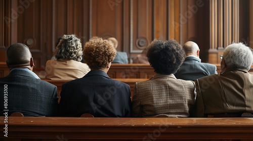 A diverse group of jurors sit in the jury box and lean forward to take in every detail of the evidence presented. photo