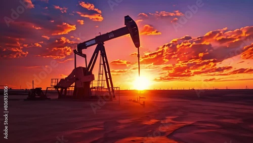 Sunset at oil drilling derrick in desert oilfield with dramatic lighting. Concept Sunset Photoshoot, Oil Drilling Derrick, Desert Landscape, Dramatic Lighting photo