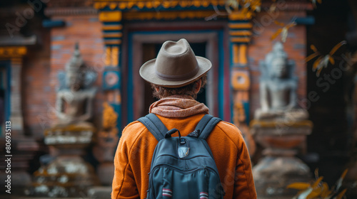 Adventurous Man in Orange Jacket Exploring Ancient Temple