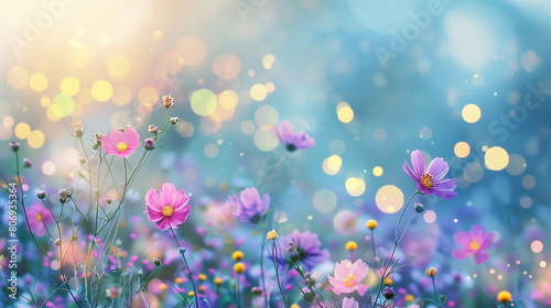 copy space, stockphoto, Colorful flower meadow with blue sky and bokeh lights in summer, nature background banner. Beautiful floral background, wallpaper. Design for invitation card, greeting card. Su © Dirk