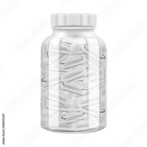 Opened medical pill bottle with falling pills, realistic 3d vector object with place for text. Mock Up Template of medicine package for pills, capsule, drugs, isolated on white background