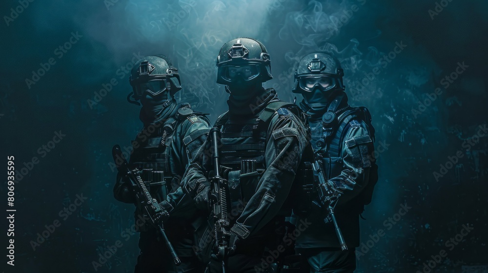 Three soldiers stand in front of a dark background with smoke in the air Three soldiers stand in front of a dark background with smoke in the air