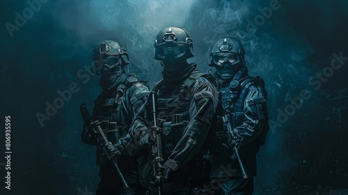 Three soldiers stand in front of a dark background with smoke in the air