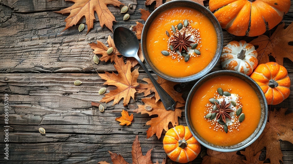 Three bowls of pumpkin soup on a wooden table surrounded by autumn leaves and pumpkins Three bowls of pumpkin soup on a wooden table surrounded by autumn leaves and pumpkins