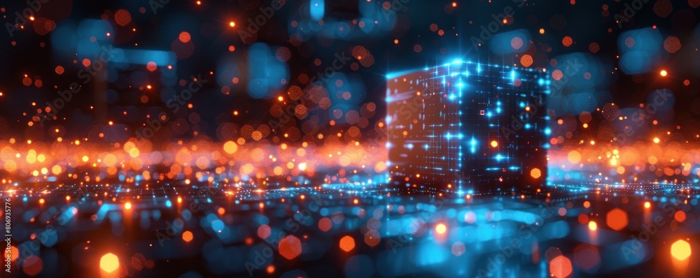 Obraz premium Abstract background with glowing cubes in blue and orange colors. Digital technology concept