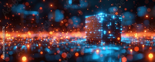 Abstract background with glowing cubes in blue and orange colors. Digital technology concept