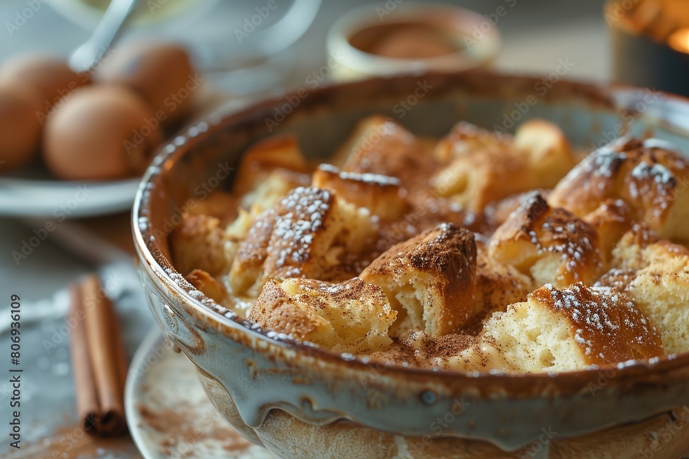 Homemade bread pudding in rustic dish, eggs and cinnamon aside. Homemade bread pudding in rustic dish, eggs and cinnamon aside.