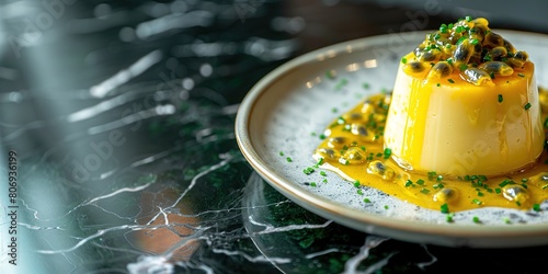 Fototapeta Naklejka Na Ścianę i Meble -  Gourmet passion fruit panna cotta on marble table