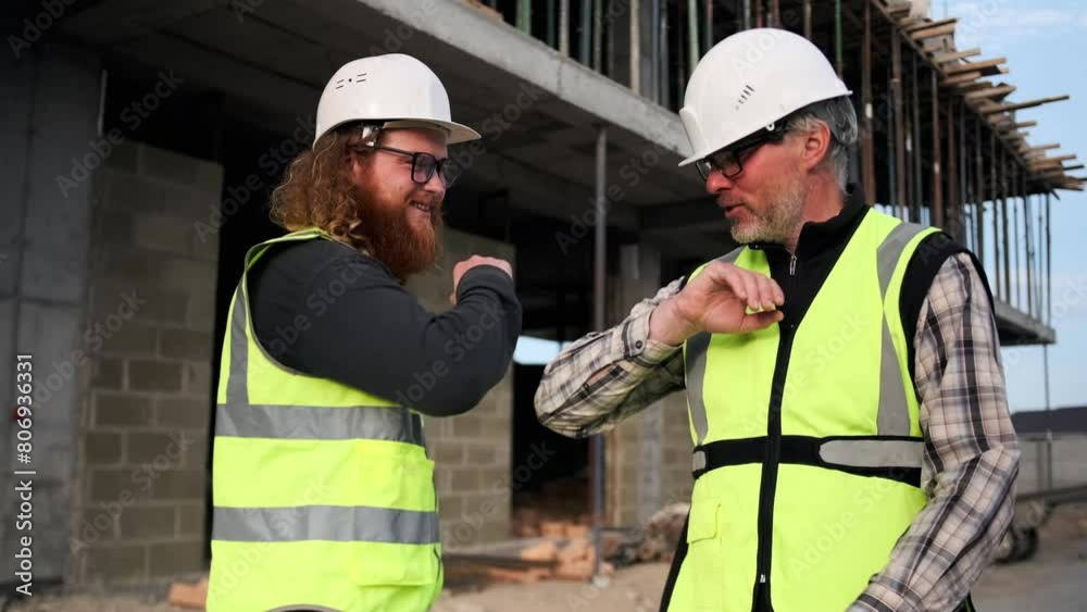 Two male workers engineer and contractor dancing together on a construction site maintaining a good mood and team spirit.