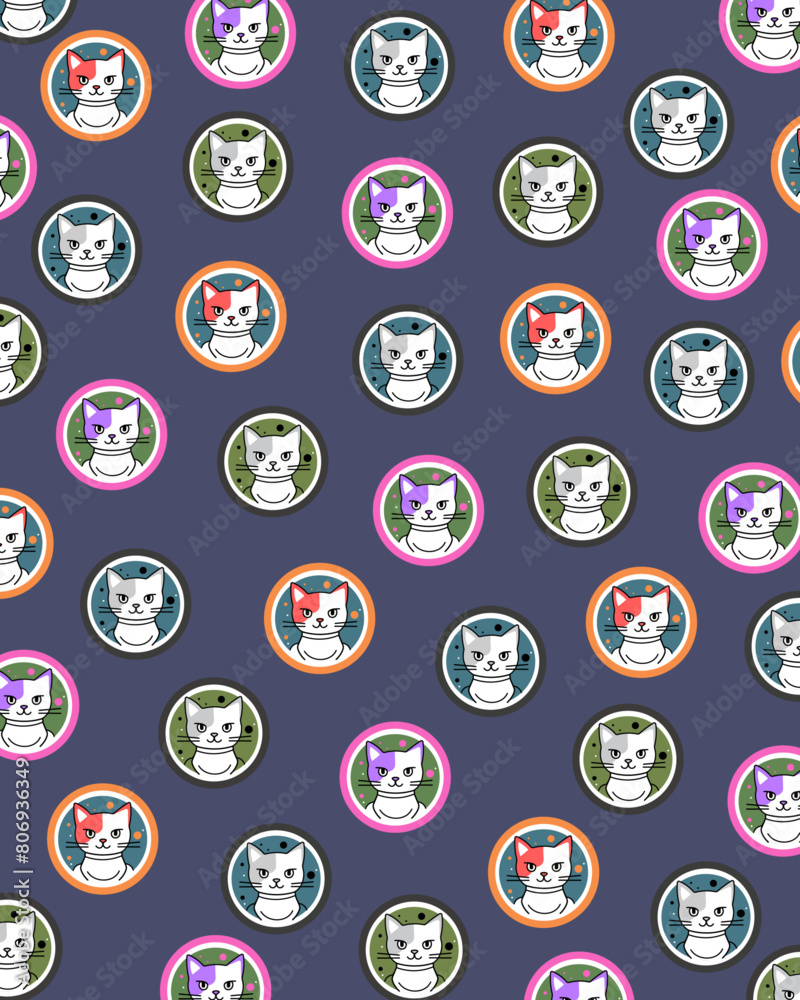 Cat poster. Cartoon cat characters seamless pattern. Different cat`s poses and emotions set. Flat color simple style design. Cute hand drawn kitten faces.Abstract handmade seamless pattern. Cat poster. Cartoon cat characters seamless pattern. Different cat`s poses and emotions set. Flat color simple style design. Cute hand drawn kitten faces.Abstract handmade seamless pattern.