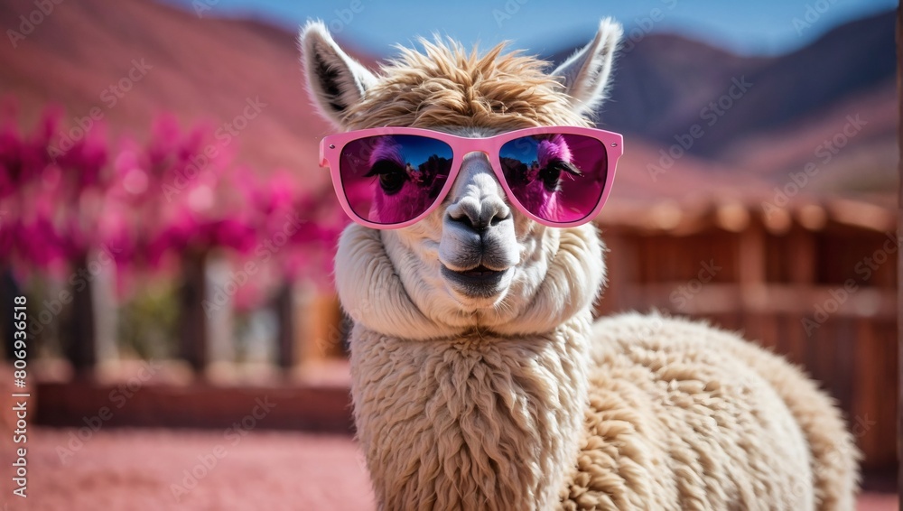Behold the adorable sight of a lama alpaca sporting trendy pink sunglasses and chewing bubblegum, set against a vibrant pink backdrop, radiating playful charm.