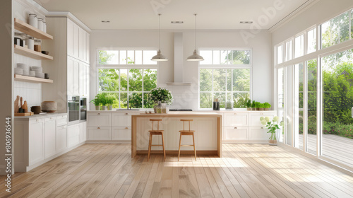 Beautiful kitchen interior with bright, minimalist wooden floors