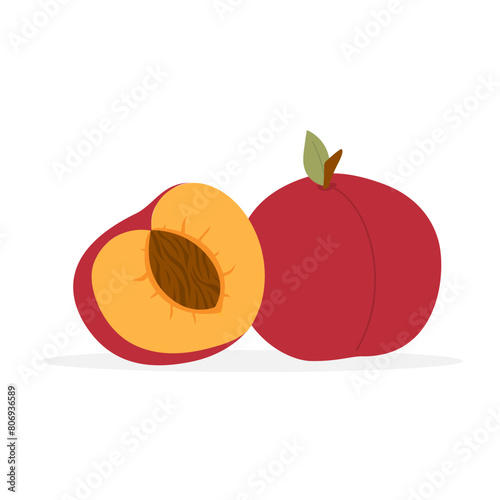 Nectarine fruit. Tropical fruit whole and half sliced. Ripe red nectarine or peach. Vector illustration in flat style.