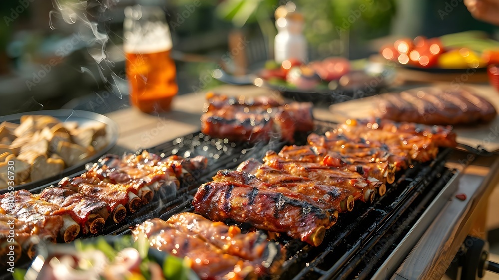Summer BBQ Party: Friends Enjoying Delicious Grilled Food and Joyful Moments. Concept BBQ Food, Summer Party, Grilled Delights, Joyful Gathering, Friends Celebrating