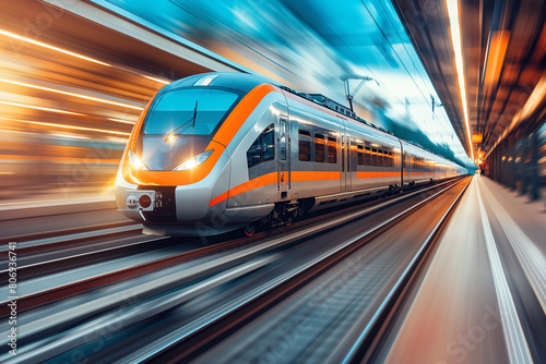 “Speeding Train” A train in motion, captured with a blur effect, emphasizing its speed and the urban environment.