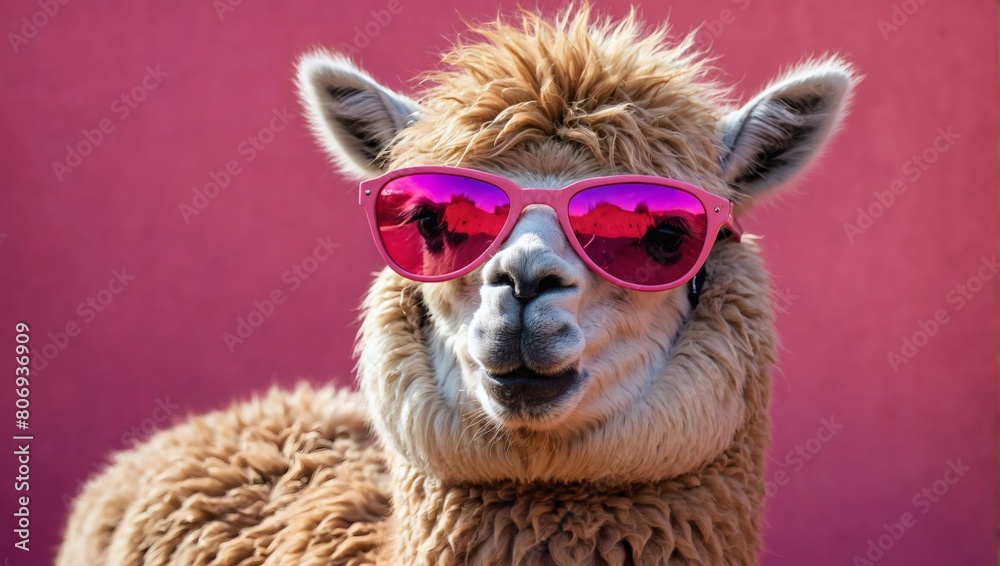 Behold the adorable sight of a lama alpaca sporting trendy pink sunglasses and chewing bubblegum, set against a vibrant pink backdrop, radiating playful charm.