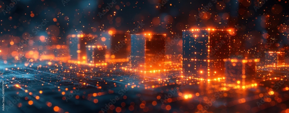 Abstract background with glowing cubes in blue and orange colors. Digital technology concept