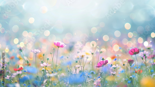 copy space, stockphoto, Colorful flower meadow with blue sky and bokeh lights in summer, nature background banner. Beautiful floral background, wallpaper. Design for invitation card, greeting card. Su
