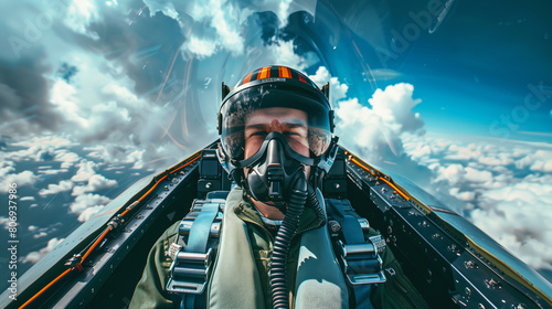 Close-up of a fighter pilot in helmet and oxygen mask inside the cockpit, with cloudy skies outside. photo