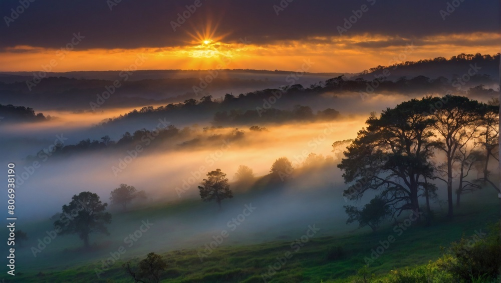 Behold the enchanting fusion of light and mist, as sunset streaks break through the fog, casting a spellbinding glow and infusing the atmosphere with a sense of wonder.