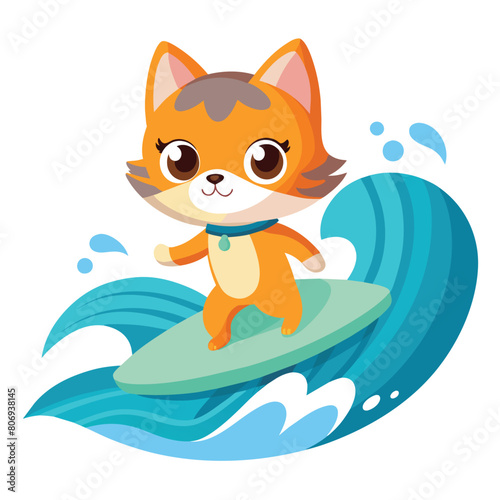 A cute little cat surfing on the sea with a white background 