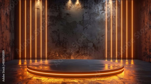 Copy space for your product display Empty podium or pedestal display on dark background with cylinder stand and wall of line vertical gold neon lamps around