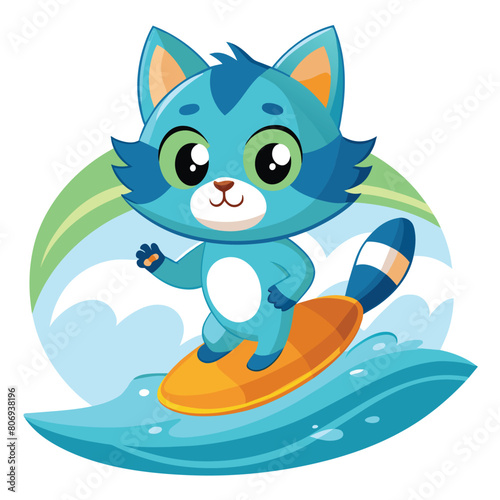 A cute little cat surfing on the sea with a white background 