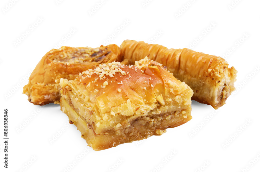 Eastern sweets. Pieces of tasty baklava isolated on white Eastern sweets. Pieces of tasty baklava isolated on white