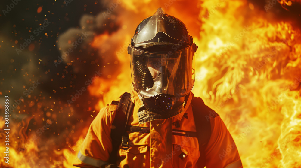 Close-up of a firefighter in full gear standing against intense flames and smoke. Close-up of a firefighter in full gear standing against intense flames and smoke.