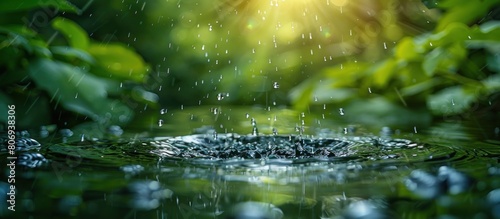 A serene nature background with raindrops falling on water 